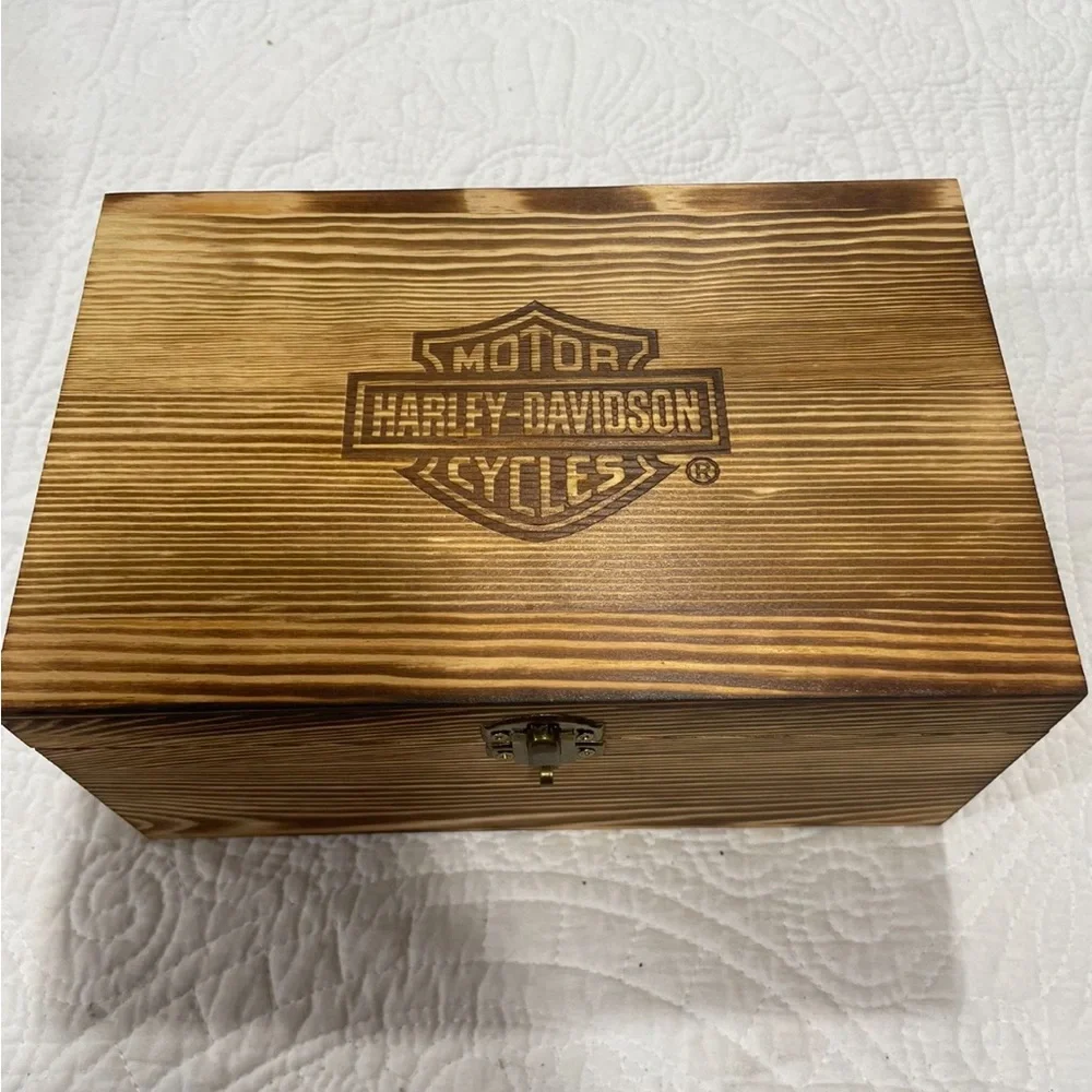 HARLEY DAVIDSON HIGH BALL GLASSES SET ENGRAVED LOGO WOODEN BOX SET - Picture 1 of 5
